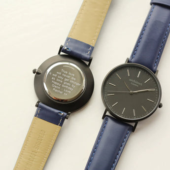 Men's Personalised Minimalist Watch With Admiral Blue Strap - Modern Font Engraving