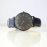 Men's Personalised Minimalist Watch With Admiral Blue Strap - Modern Font Engraving