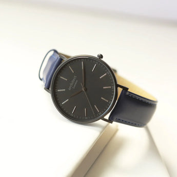 Men's Personalised Minimalist Watch With Admiral Blue Strap - Modern Font Engraving