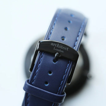 Men's Personalised Minimalist Watch With Admiral Blue Strap - Modern Font Engraving