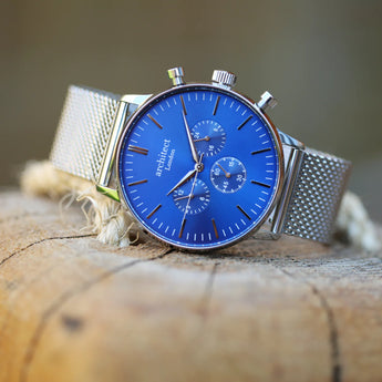 Men's Personalised Architect Motivator In Blue With Silver Mesh Strap - Modern Font Engraving