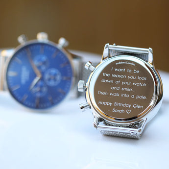 Men's Personalised Architect Motivator In Blue With Silver Mesh Strap - Modern Font Engraving