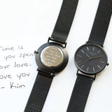 Men's Personalised Minimalist Watch With Pitch Black Mesh Strap - Handwriting Engraving