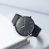 Men's Personalised Minimalist Watch With Pitch Black Mesh Strap - Handwriting Engraving