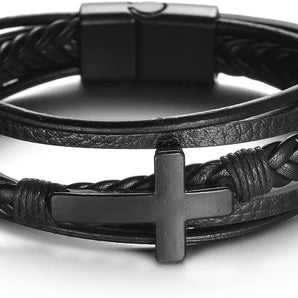 Men's Leather Multi Layer Bracelet in Black with Black Cross www.urbanpizazz.co.uk