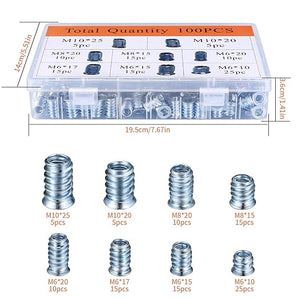 100 Pcs Threaded Inserts for Wood, M6/M8/M10 Hex Socket Screw-in Nuts Kit, Hex