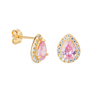 Bryony Pink Tourmaline CZ Gold Plated Teardrop Stud Earrings, 925 Sterling Silver