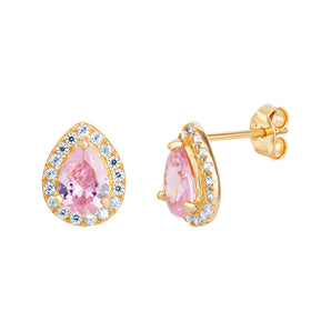 Bryony Pink Tourmaline CZ Gold Plated Teardrop Stud Earrings, 925 Sterling Silver