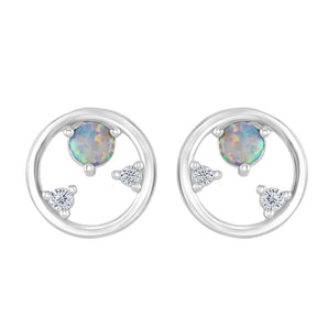 Circle Opal and CZ Silver Earrings