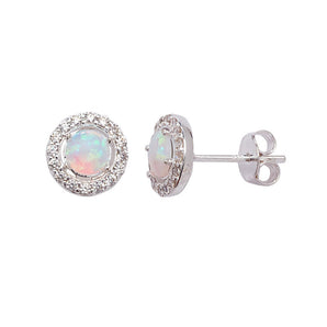 Classic Opal Halo Silver Stud Earrings