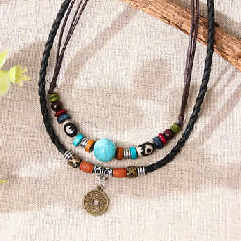 Turquoise Bead And Lucky Chinese Coin Dual Looped Necklace