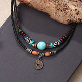 Turquoise Bead And Lucky Chinese Coin Dual Looped Necklace