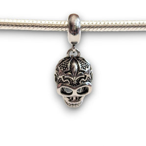 Fleur De Lis Skull Sterling Silver Dangle Charm