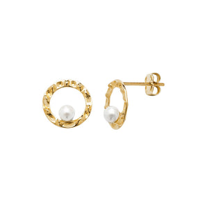 Hammered 9ct Gold Fresh Water Pearl "O" Shaped Earrings