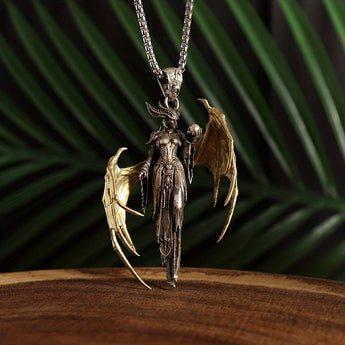 Fantasy Style Golden Dragon Winged Witch Pendant Necklace