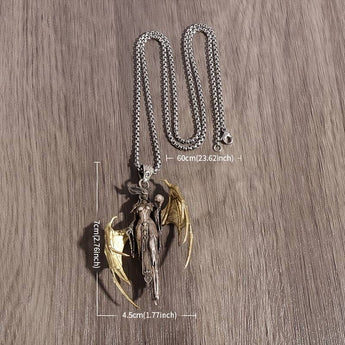 Fantasy Style Golden Dragon Winged Witch Pendant Necklace