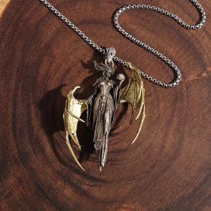 Fantasy Style Golden Dragon Winged Witch Pendant www.urbanpizazz.co.uk