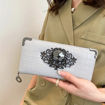 Grey Regal Chic Skull and Crocodile Print Purse