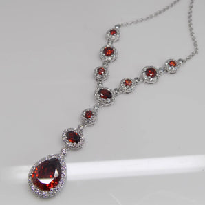 Exquisite Ruby CZ Silver Drop Necklace