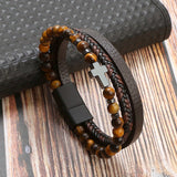 Men's Leather Bracelet in Black and Brown with Tigers Eye Beads 