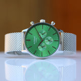 Men's Architect Motivator In Envy Green With Silver Mesh Strap - Modern Font Engraving