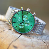 Men's Architect Motivator In Envy Green With Silver Mesh Strap - Modern Font Engraving