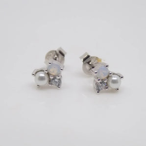 Pearl and Opal CZ Silver Stud Earrings