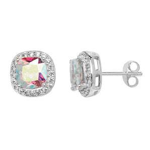 Classic Square Opalescent CZ Silver Stud Earrings