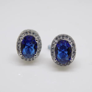 Oval Sapphire Cubic Zirconia Silver Halo Stud Earrings