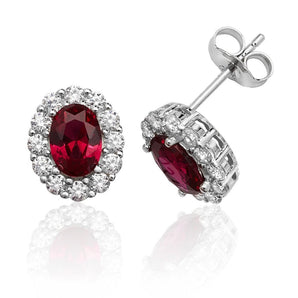 Oval Halo Ruby CZ Silver Earrings