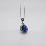 Silver Oval Sapphire Cubic Zirconia Halo Pendant Necklace