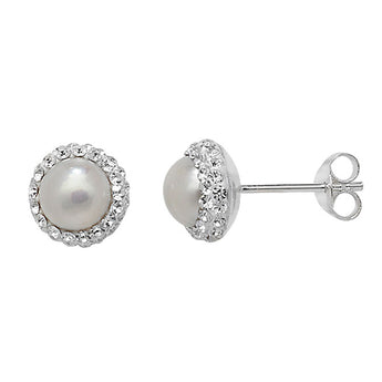 Pearl CZ Silver Halo Earrings