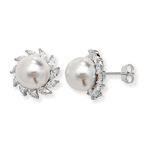 Pearl and CZ Silver Flower Studs