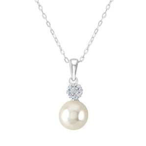 Pearl and Cubic Zirconia Sterling Silver Drop Pendant Necklace