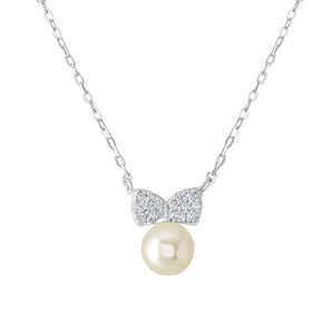 Pearl and Cubic Zirconia Silver Bow Necklace