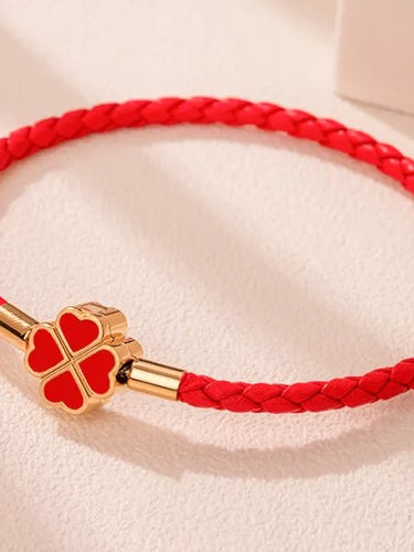 Red Leather Clover Leaf Charm Bracelet www.urbanpizazz.co.uk