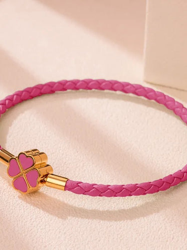 Rose Pink Leather Clover Leaf Charm Bracelet www.urbanpizazz.co.uk