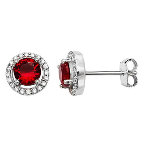 Ruby Cubic Zirconia Silver Halo Earrings