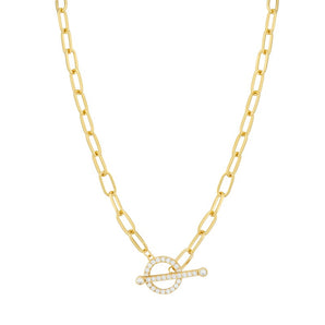 Gold Plated T-Bar Paperclip Chain With Cubic Zirconia