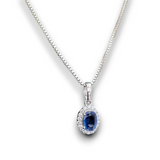 Silver Oval Sapphire Cubic Zirconia Halo Pendant Necklace