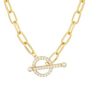 Gold Plated T-Bar Paperclip Chain With Cubic Zirconia