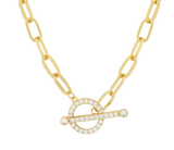 Gold Plated T-Bar Paperclip Chain With Cubic Zirconia