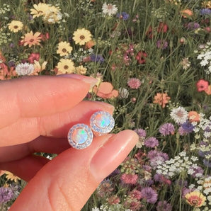 Opal Halo Silver Stud Earrings