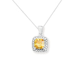 Yellow Topaz Cubic Zirconia Silver Square Halo Pendant Necklace