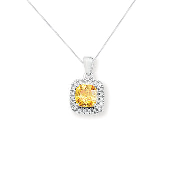 Yellow Topaz Cubic Zirconia Silver Square Halo Pendant Necklace