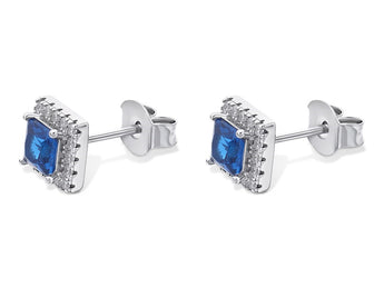 Princess Cut Sapphire Cubic Zirconia Halo Silver Earrings