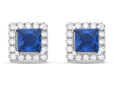 Princess Cut Sapphire Cubic Zirconia Halo Silver Earrings