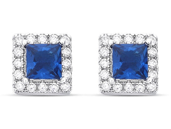 Princess Cut Sapphire Cubic Zirconia Halo Silver Earrings