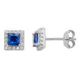 Princess Cut Sapphire Cubic Zirconia Halo Silver Earrings