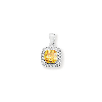 Yellow Topaz Cubic Zirconia Silver Square Halo Pendant Necklace